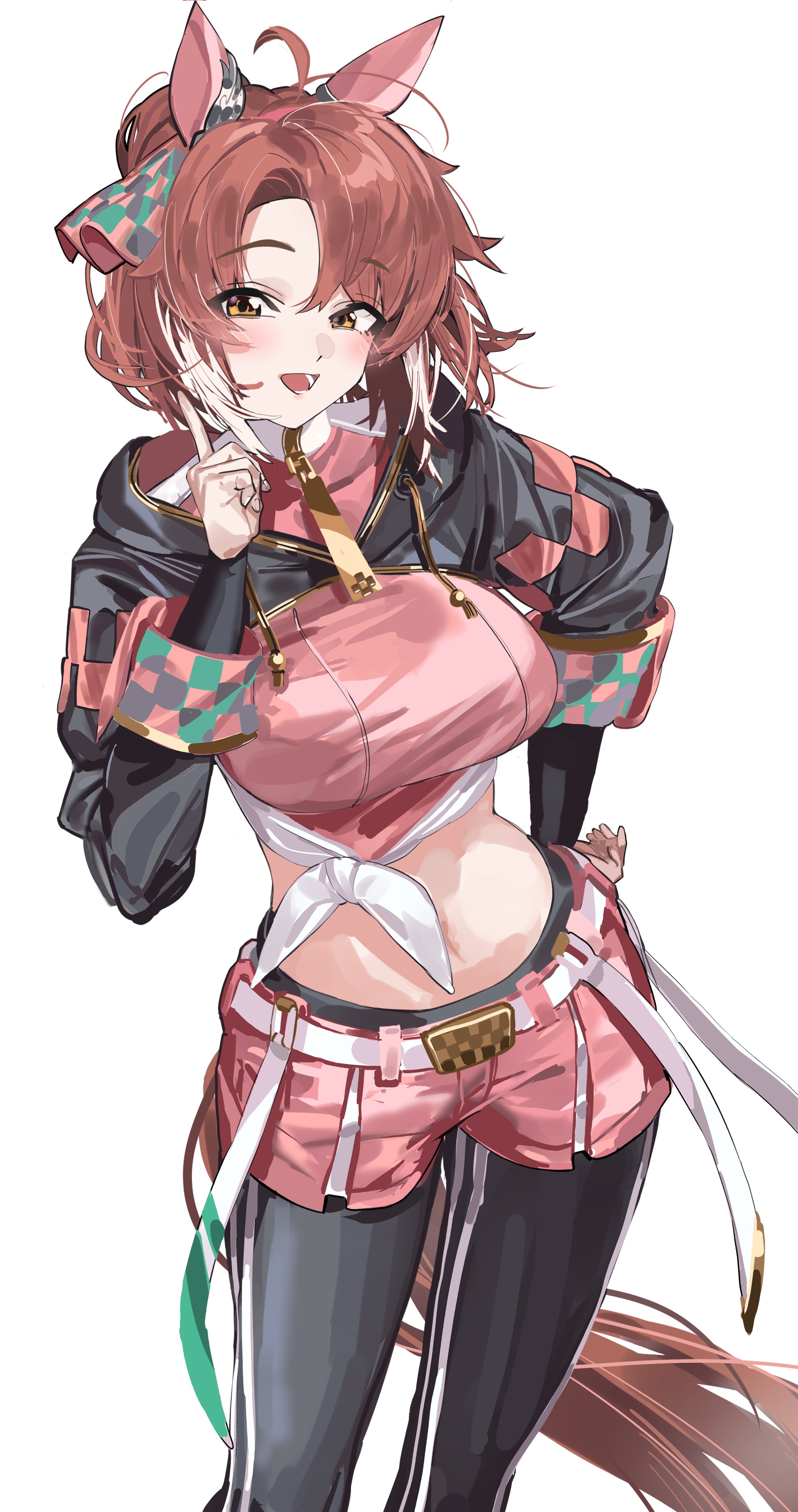 kazukingu, dantsu flame (center spotlight) (umamusume), dantsu flame (umamusume), umamusume, absurdres, commentary, highres, 1girl, :d, animal ears, belt, black jacket, black leggings, bow, breasts, brown hair, checkered ribbon, colored tips, cowboy shot, cropped jacket, cropped shirt, ear covers, ear ribbon, green ribbon, horse ears, horse girl, index finger raised, jacket, large breasts, leggings, long sleeves, medium hair, midriff, multicolored hair, open mouth, parted bangs, pink ribbon, pink shirt, pink shorts, ribbon, shirt, shorts, simple background, smile, solo, tied shirt, white background, white belt, white hair, yellow eyes