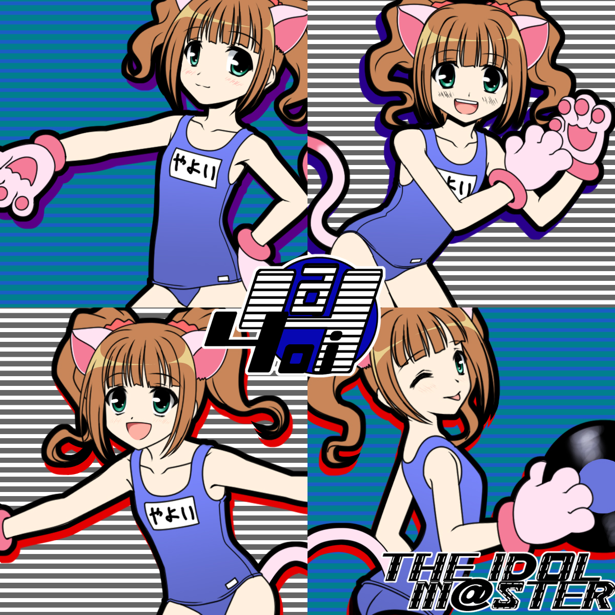 totokichi, takatsuki yayoi, idolmaster, idolmaster (classic), bad id, bad pixiv id, highres, 00s, 1girl, animal ears, animal hands, breasts, brown hair, cat ears, cat paws, cat tail, female focus, flat chest, green eyes, loli, looking at viewer, one-piece swimsuit, one eye closed, school swimsuit, short hair, small breasts, smile, solo, swimsuit, tail, tongue, twintails, vinyl record, wink