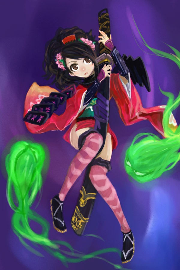 michael f91, momohime, oboro muramasa, hair ornament, hairclip, japanese clothes, kimono, solo, striped clothes, striped thighhighs, sword, thighhighs, weapon