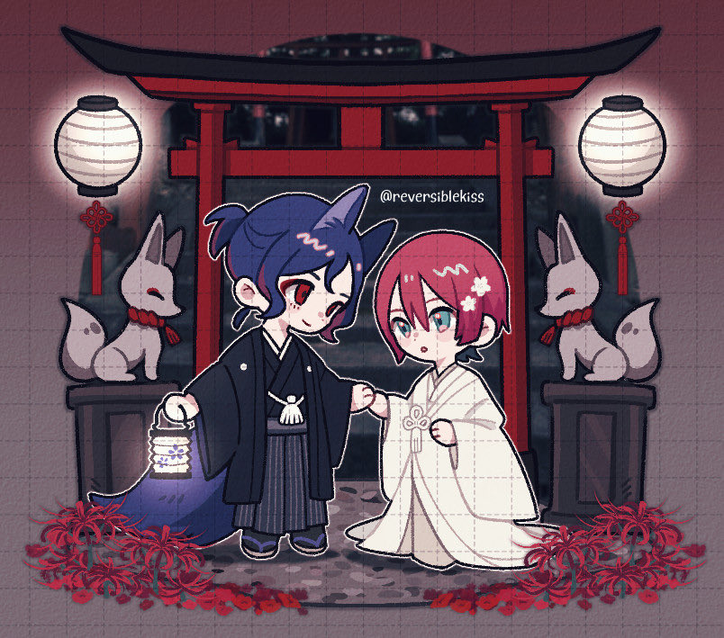 reversiblekiss, amate yuzuriha, shuji ito, gundam, gundam gquuuuuux, 1boy, 1girl, animal ears, aqua eyes, blue hair, blush, bride, closed mouth, colored inner hair, couple, dress, fox, fox boy, fox ears, fox statue, fox tail, groom, hetero, holding, holding hands, japanese clothes, kimono, long sleeves, multicolored hair, open mouth, ponytail, purple hair, red eyes, red hair, short hair, shrine, smile, statue, tail, torii, two-tone hair, uchikake, wedding, wedding dress, white kimono, wide sleeves
