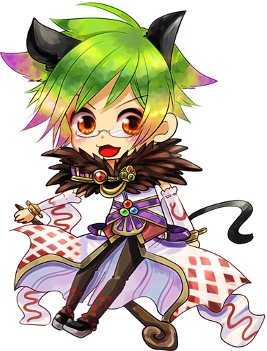 chirao (tirao777), sorcerer (ragnarok online), ragnarok online, commentary request, lowres, 1boy, animal ears, black shoes, blush, brown pants, cape, cat boy, cat ears, cat tail, checkered cape, checkered clothes, checkered pants, detached sleeves, full body, fur collar, glasses, green hair, looking at viewer, male focus, open mouth, orange eyes, pants, shirt, shoes, short hair, simple background, smile, solo, tail, v-shaped eyebrows, waist cape, white background, white cape, white shirt, white sleeves
