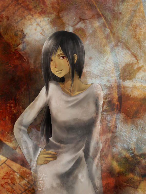 anne (bobg), yamamura sadako, the ring, 1girl, black hair, female focus, hand on own hip, long hair, red eyes, smug, solo