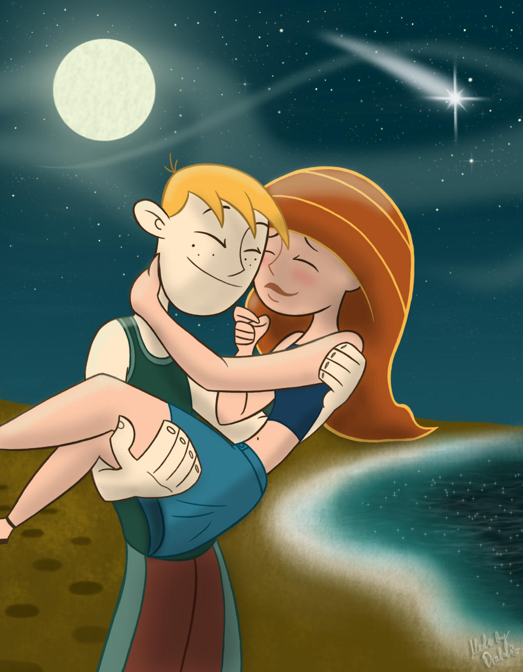 kim possible, ron stoppable, kim possible (series), highres, 1boy, 1girl, blonde hair, blue skirt, blush, carrying, carrying person, closed eyes, closed mouth, couple, drakebyrs, midriff, orange hair, princess carry, skirt, sleeveless, smile