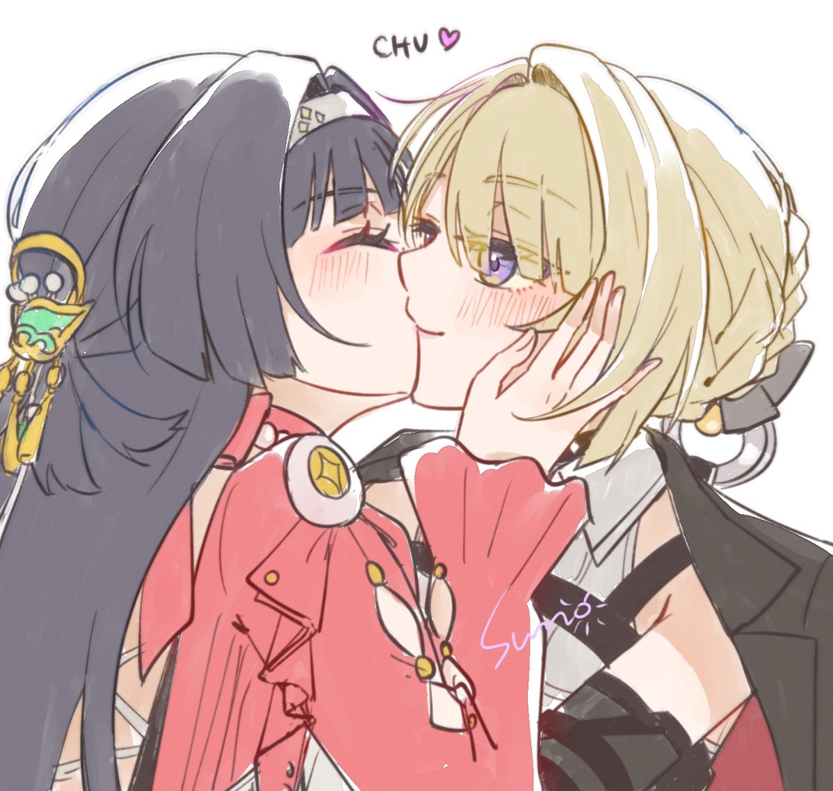 sun (knp ta1y0), astra yao, evelyn chevalier, zenless zone zero, commentary, 2girls, black hair, blonde hair, blush, closed eyes, closed mouth, dress, hair over hairband, multiple girls, purple eyes, red dress, shirt, simple background, smile, white background, white shirt, yuri