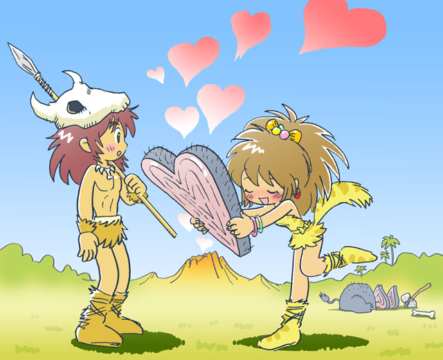 kabiinyo (kab), original, 1boy, 1girl, animal skull, axe, bare shoulders, blue sky, blush, bone, boots, brown hair, caveman, closed eyes, confessing, food, gradient background, grass, hair ornament, hammer, heart, jewelry, leg lift, leg up, loincloth, long hair, meat, necklace, nose blush, open mouth, outdoors, polearm, skull, sky, smile, spear, standing, standing on one leg, stone axe, tail, valentine, volcano, weapon