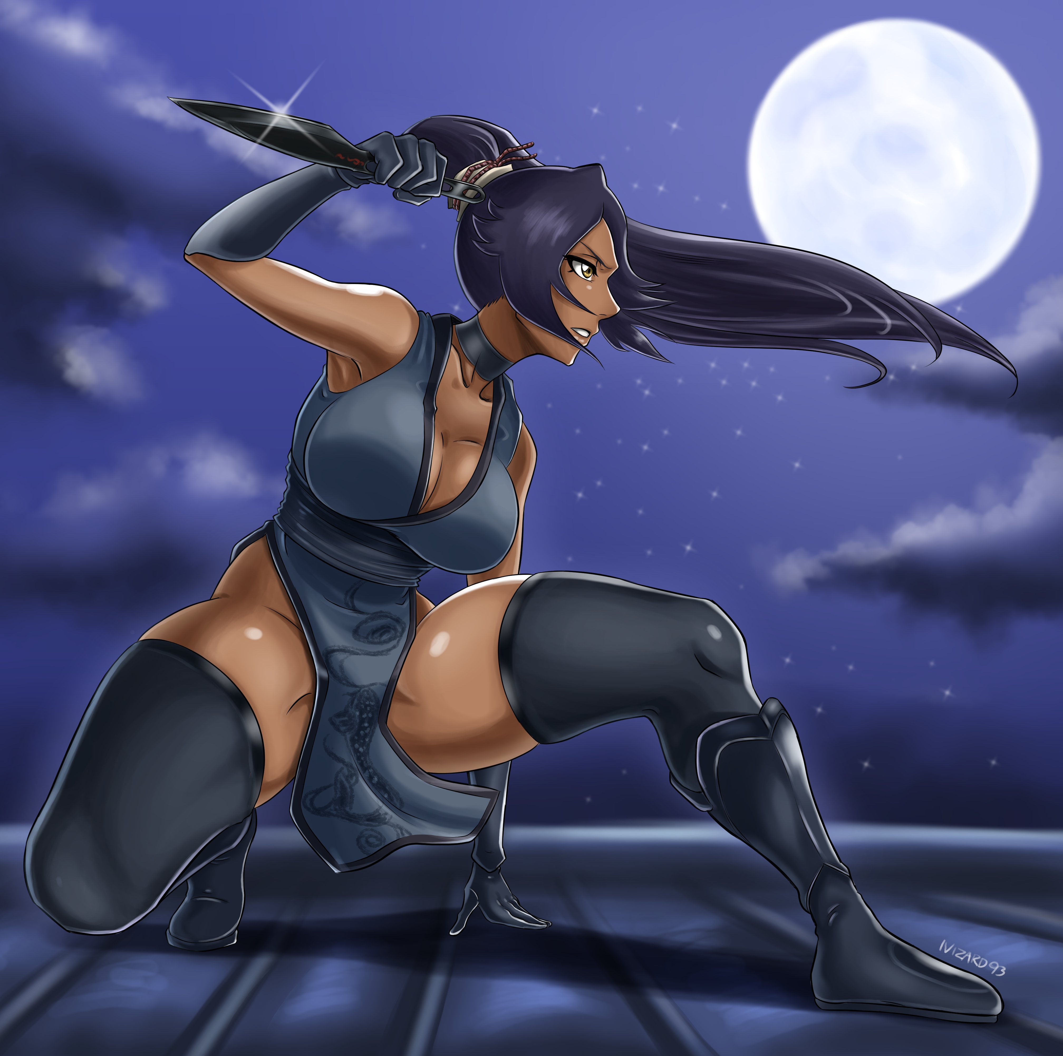 ivizard art93, shihouin yoruichi, bleach, bleach: sennen kessen-hen, highres, 1girl, artist name, bare shoulders, black thighhighs, breasts, choker, collarbone, curvy, dark-skinned female, dark skin, elbow gloves, gloves, hair ornament, kunai, large breasts, long hair, moon, night, night sky, ninja, parted bangs, ponytail, purple hair, shiny skin, sky, thighhighs, thighs, weapon, wide hips, yellow eyes