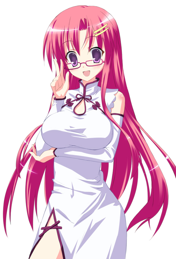 saeki nao, original, blush, breasts, china dress, chinese clothes, detached sleeves, dress, glasses, hair ornament, hairclip, large breasts, long hair, pink hair, simple background, solo, white background