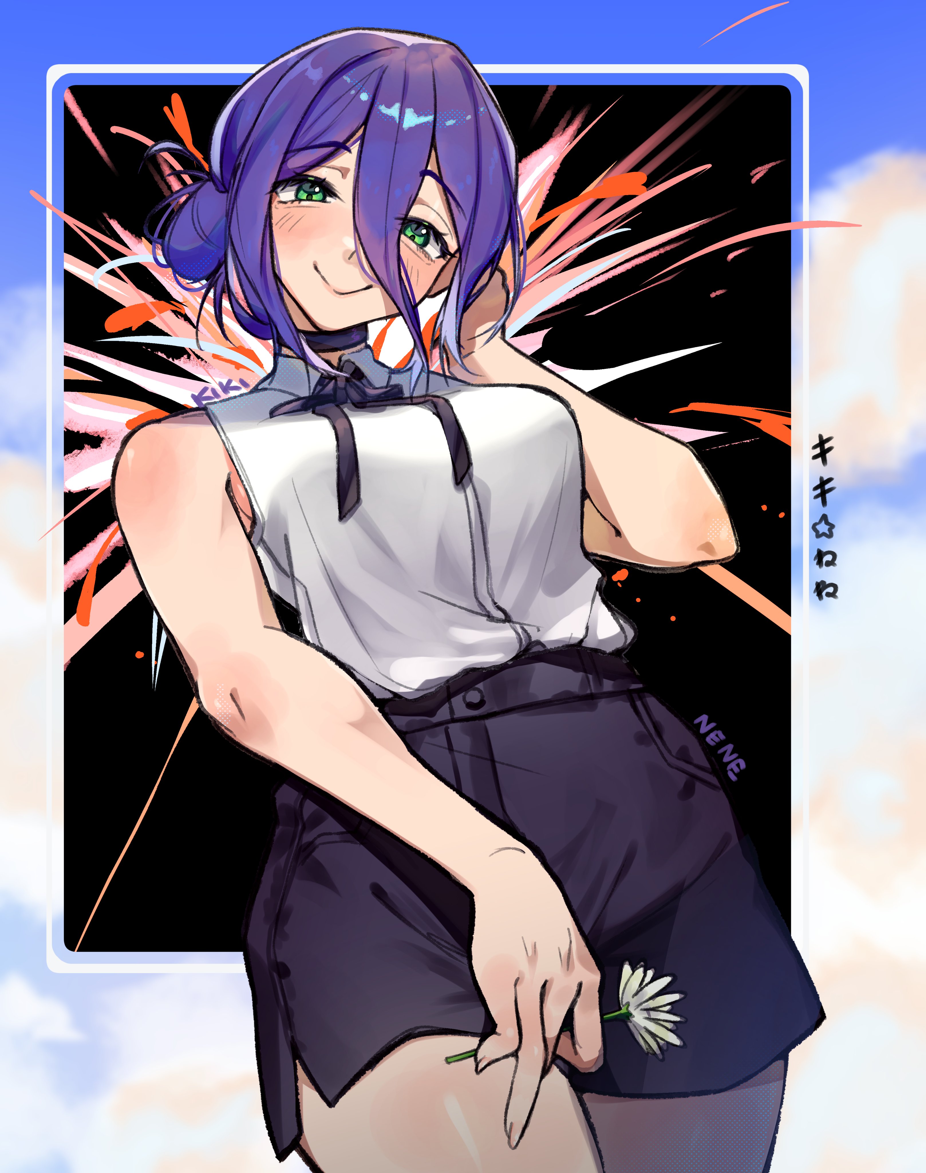 kiki nene, reze (chainsaw man), chainsaw man, absurdres, highres, 1girl, artist name, black choker, black ribbon, black shorts, choker, closed mouth, flower, green eyes, hair between eyes, hair bun, holding, holding flower, long hair between eyes, neck ribbon, purple hair, ribbon, shirt, shorts, sleeveless, sleeveless shirt, smile, solo, white flower, white shirt