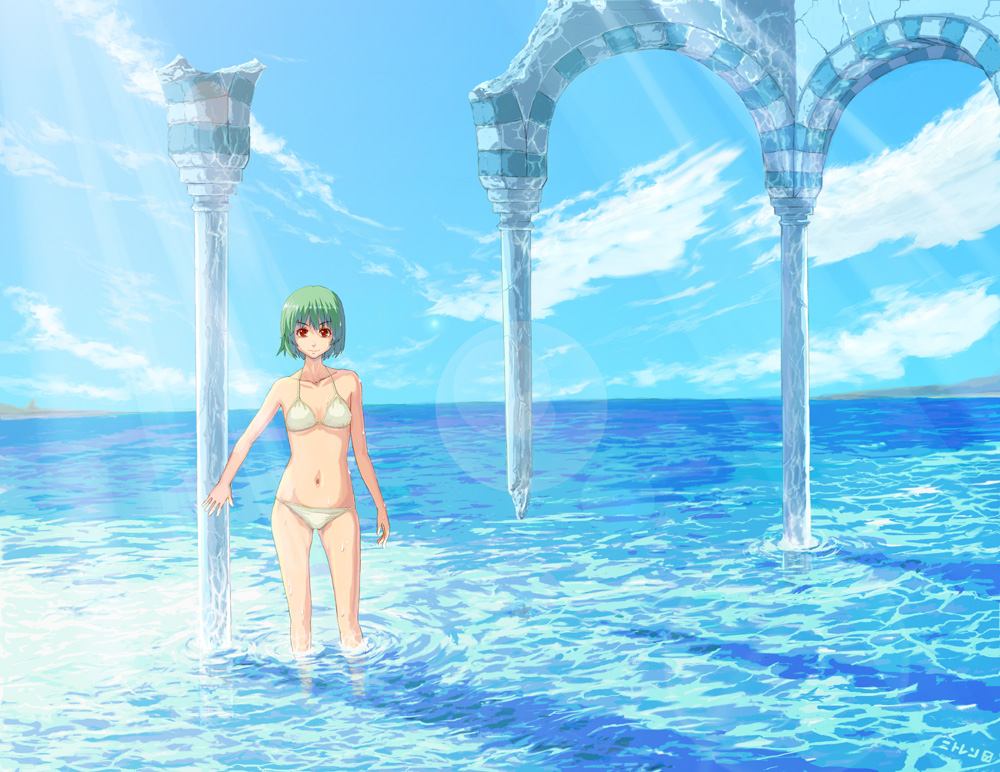 nightrain, nitoren, original, 1girl, arch, bikini, cloud, column, day, female focus, green hair, light rays, navel, ocean, outdoors, pillar, red eyes, ruins, short hair, sky, solo, sunbeam, sunlight, swimsuit, wading, water, white bikini