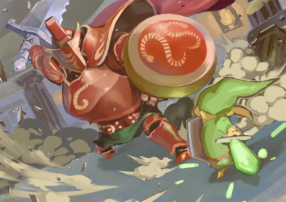 o/p.com, link, mighty darknut, nintendo, the legend of zelda, the legend of zelda: the wind waker, 1boy, armor, battle, blonde hair, dust, male focus, shield, solo, sword, weapon