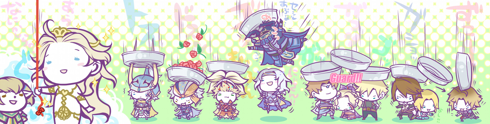 bartz klauser, cecil harvey, cloud strife, cosmos (dff), firion, golbez, onion knight, shantotto, squall leonhart, tidus, tina branford, warrior of light (ff1), zidane tribal, dissidia final fantasy, final fantasy, final fantasy i, final fantasy ii, final fantasy iii, final fantasy iv, final fantasy ix, final fantasy v, final fantasy vi, final fantasy vii, final fantasy viii, final fantasy x, final fantasy xi, 1980s (style), bad id, bad pixiv id, long image, translated, wide image, 00s, 1990s (style), 3girls, chibi, everyone, flower, in-franchise crossover, multiple girls, oldschool, pout, retro artstyle, rose, tarutaru, washpan