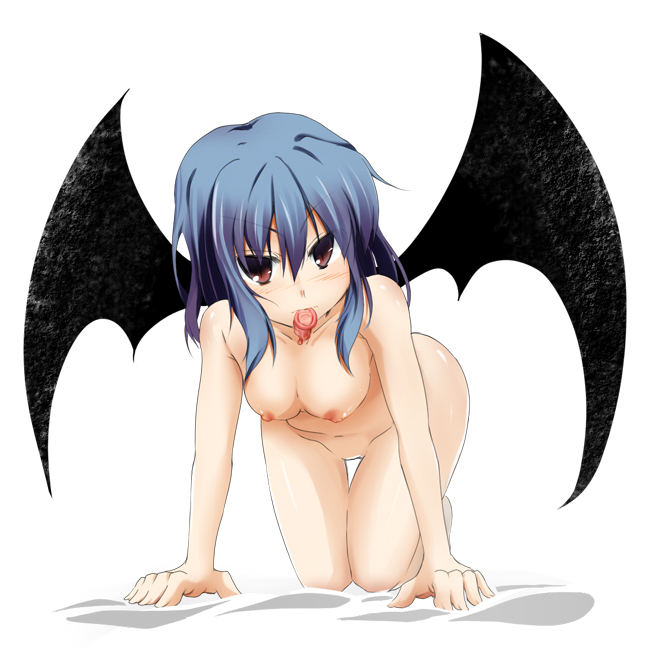 masa (miyabitei), remilia scarlet, touhou, 1girl, all fours, bat wings, bent over, blue hair, blush, breasts, condom, condom in mouth, female focus, looking at viewer, mouth hold, nipples, nude, red eyes, short hair, simple background, solo, thigh gap, tsurime, white background, wings