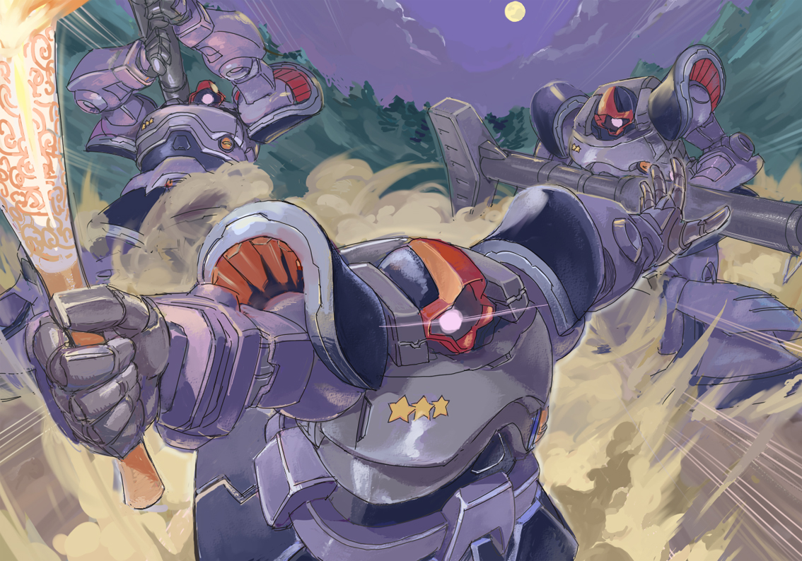 o/p.com, black tri-stars, dom (mobile suit), gundam, mobile suit gundam, cloud, dust, dust cloud, forest, full moon, m1 bazooka, mecha, moon, nature, night, no humans, robot, rocket launcher, tree, weapon