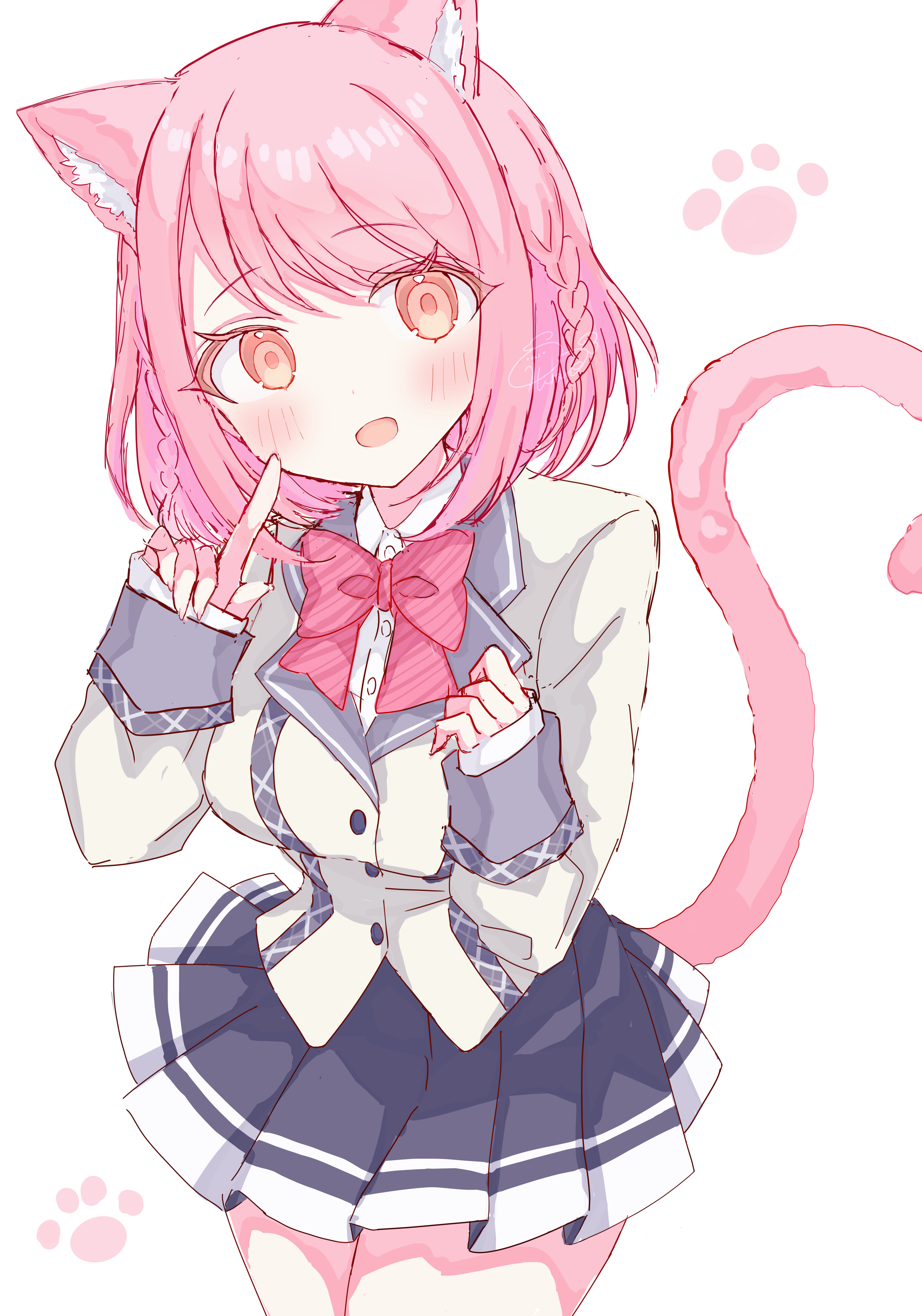 hirame (hi03ra), hoshizaki akari, ongeki, absurdres, highres, 1girl, :d, animal ears, blush, bow, braid, breasts, cat ears, cat tail, jacket, long sleeves, looking at viewer, open mouth, pink hair, pleated skirt, shirt, skirt, sleeves past wrists, smile, solo, striped background, tail, white background, white jacket, white shirt