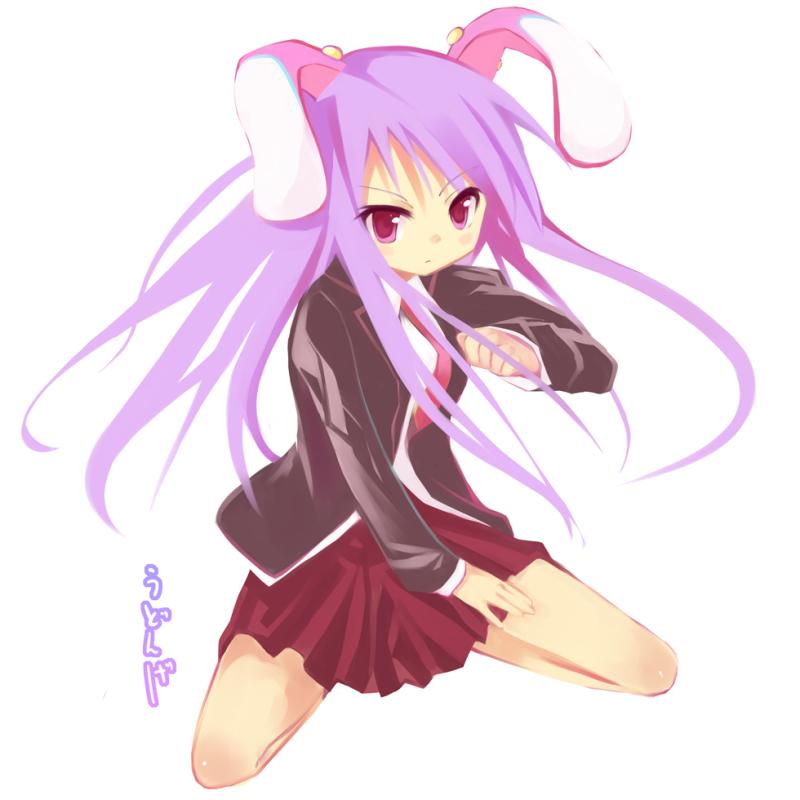 amaa (chou dennou jidai), reisen udongein inaba, touhou, 1girl, animal ears, blazer, female focus, jacket, long hair, necktie, pleated skirt, purple hair, rabbit ears, red eyes, red necktie, skirt, solo