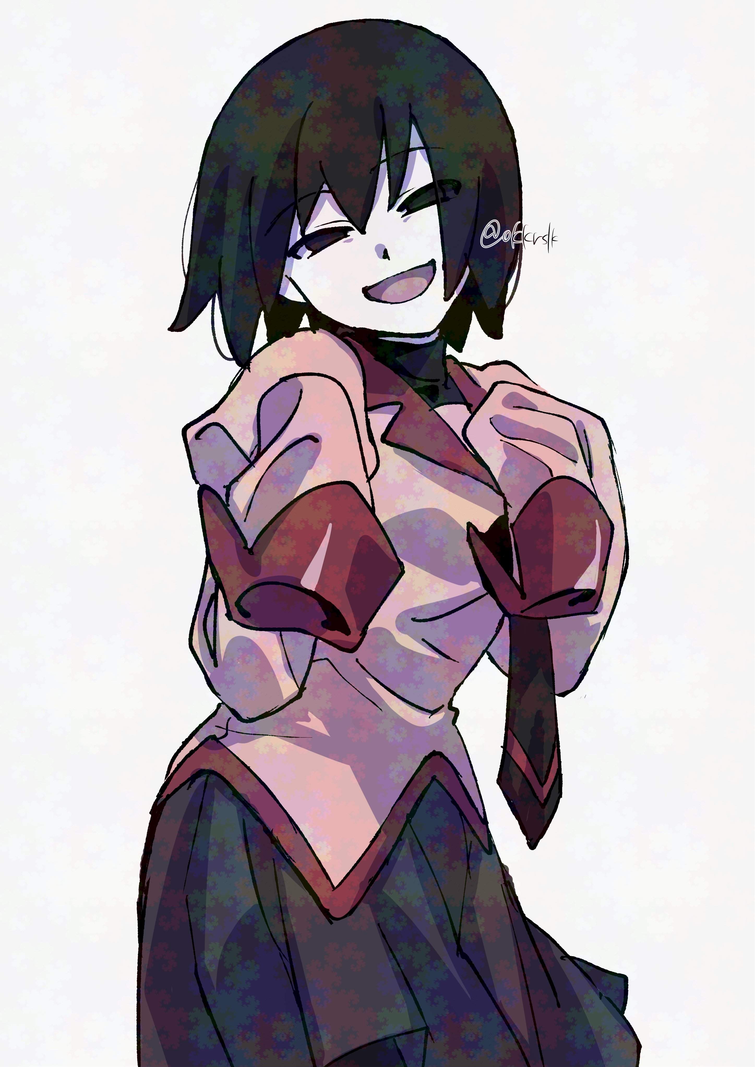 hatahata (okkrslk), oshino ougi, monogatari (series), absurdres, commentary, highres, 1girl, :d, black eyes, black hair, black necktie, black pantyhose, black shirt, black skirt, bob cut, breasts, cowboy shot, empty eyes, fractal noise, hair between eyes, hands up, head tilt, juliet sleeves, long sleeves, looking at viewer, loose hair strand, medium breasts, naoetsu high school uniform, narrowed eyes, necktie, open mouth, pantyhose, pink shirt, pleated skirt, puffy sleeves, red trim, school uniform, shirt, short hair, skirt, sleeves past fingers, sleeves past wrists, smile, solo, standing, turtleneck, very long sleeves, white background