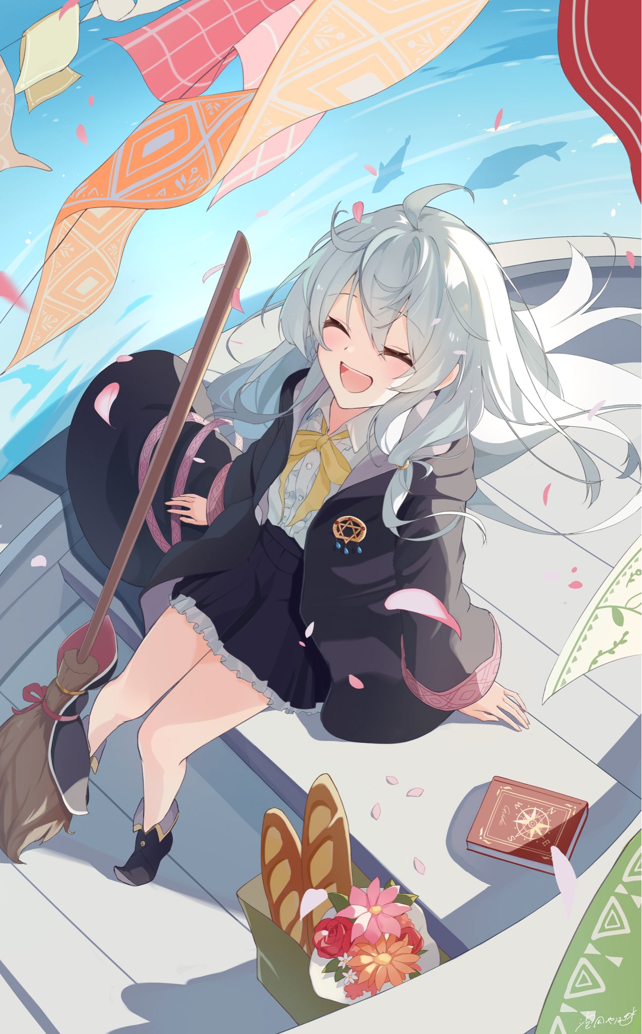 elaina (majo no tabitabi), majo no tabitabi, highres, 1girl, ahoge, awaoka yanagi, black boots, black coat, black hat, black skirt, book, boots, bread, broom, center frills, coat, collared shirt, falling petals, floating hair, flower, food, frills, from above, grey hair, hat, long hair, long sleeves, open clothes, open coat, open mouth, outdoors, petals, shirt, skirt, smile, solo, teeth, unworn hat, unworn headwear, upper teeth only, white shirt, wind, witch, witch hat