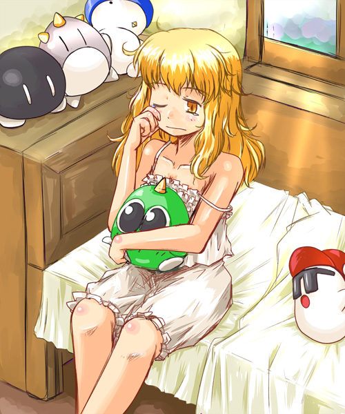 kanoe soushi, kirisame marisa, touhou, character request, 1girl, bed, bedroom, blonde hair, bloomers, camisole, female focus, indoors, no headwear, one eye closed, sleepy, solo, strap slip, stuffed toy, underwear, wink