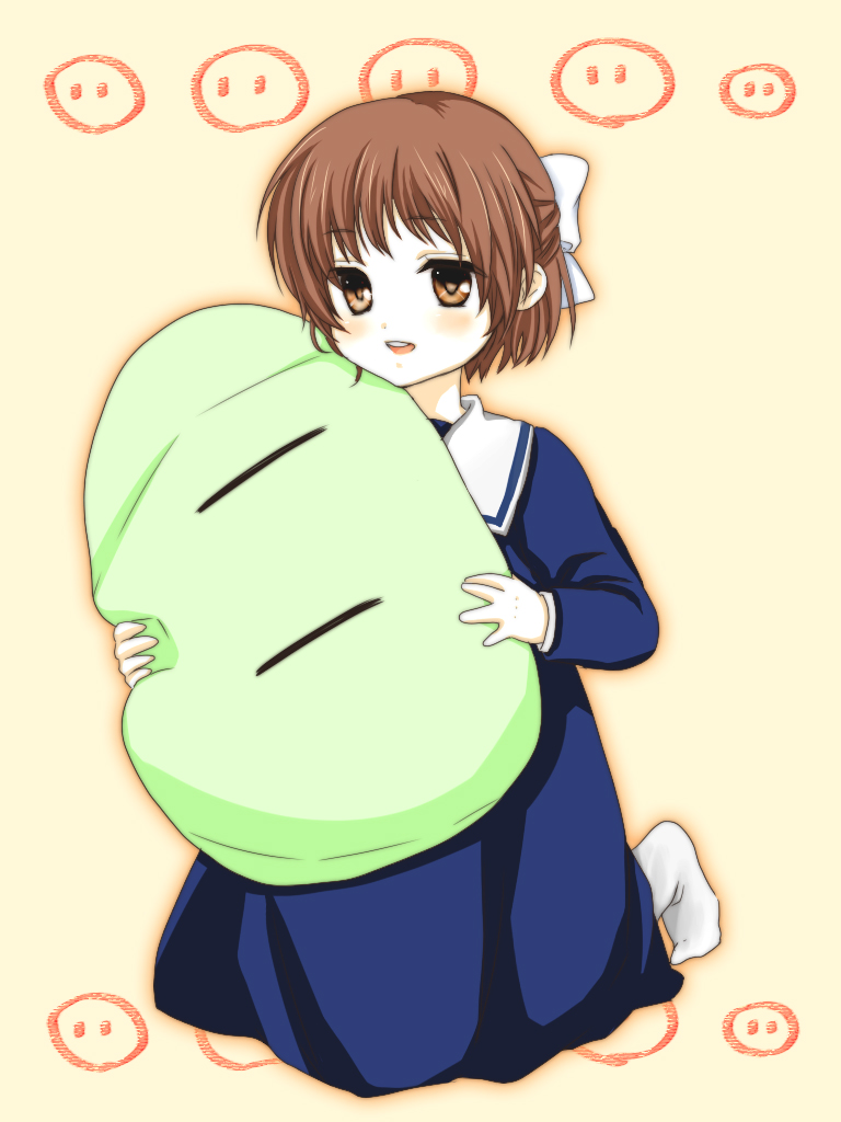 kaji (t69), okazaki ushio, clannad, dango daikazoku, bad id, bad pixiv id, 00s, brown eyes, brown hair, dress, hug, sailor dress, school uniform, short hair, solo