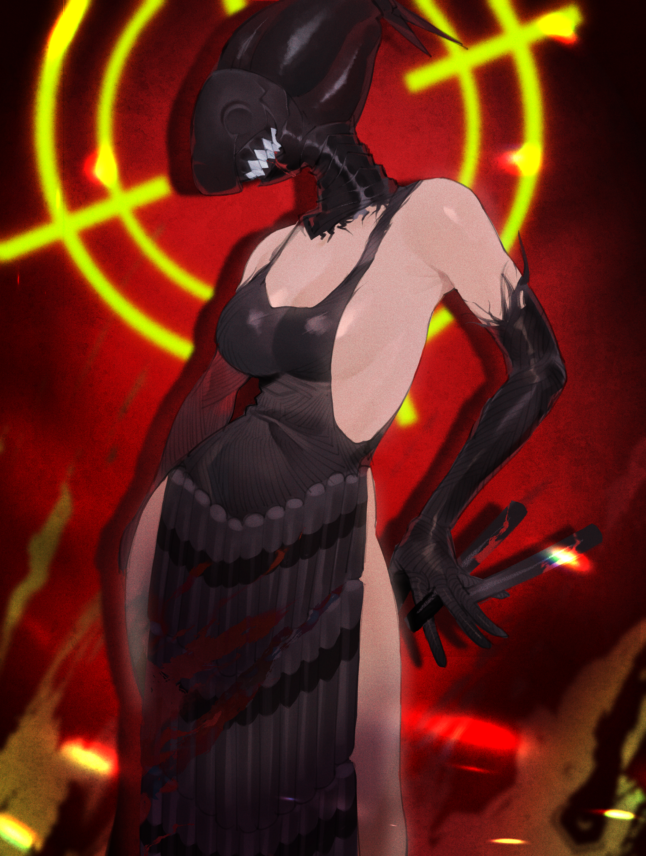 bomb devil (chainsaw man), chainsaw man, absurdres, highres, 1girl, aba (phtc7222), apron, black apron, black gloves, breasts, dynamite, elbow gloves, explosive, gloves, holding dynamite, medium breasts, object head, solo, teeth