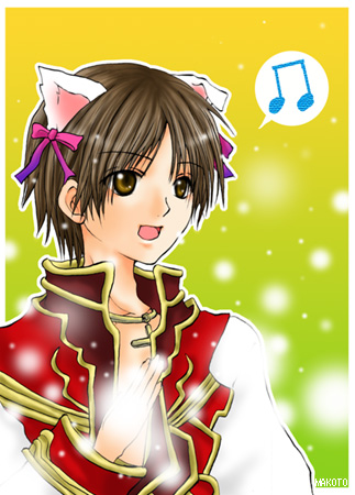 high priest (ragnarok online), ragnarok online, commentary request, lowres, 1boy, 2000s (style), animal ears, border, bow, brown coat, brown eyes, brown hair, cat boy, cat ears, coat, cross, cross necklace, gold trim, gradient background, green background, hair bow, jewelry, long sleeves, looking afar, makoto108, male focus, musical note, necklace, open mouth, pink bow, red coat, short hair, smile, solo, spoken musical note, upper body, white border, white coat, yellow background