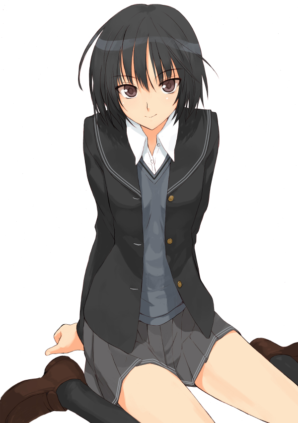 kusaka souji, nanasaki ai, amagami, 1girl, arm support, black hair, blazer, buttons, female focus, full body, jacket, loafers, long sleeves, looking at viewer, open clothes, open jacket, red eyes, school uniform, shoes, short hair, simple background, sitting, solo, unbuttoned, wariza, white background