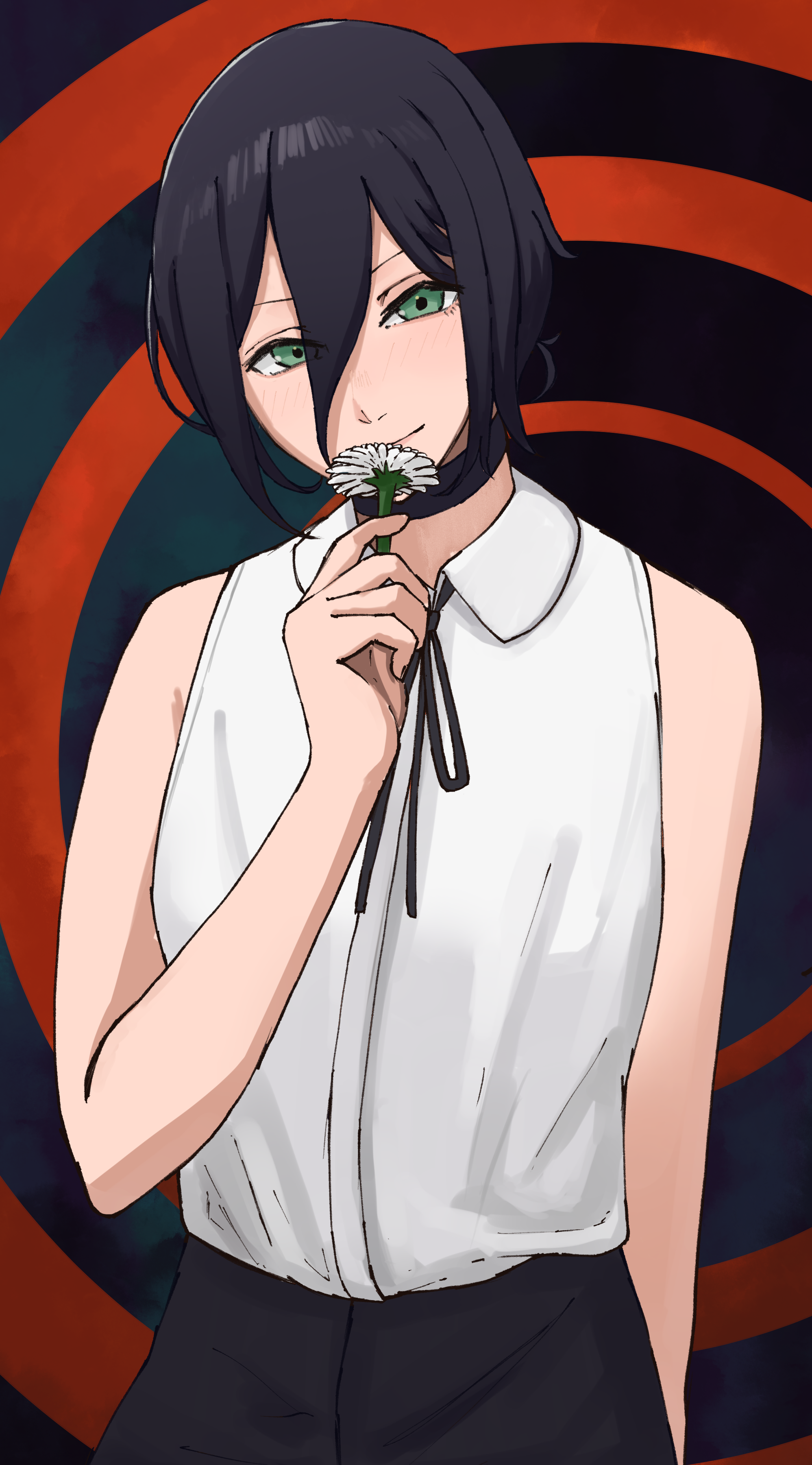 reze (chainsaw man), chainsaw man, absurdres, commentary, highres, 1girl, black choker, black hair, black ribbon, black shorts, choker, closed mouth, collared shirt, flower, green eyes, hair between eyes, holding, holding flower, looking at viewer, mashikaku sankaku, neck ribbon, ribbon, shirt, shirt tucked in, shorts, sleeveless, sleeveless shirt, solo, white flower, white shirt