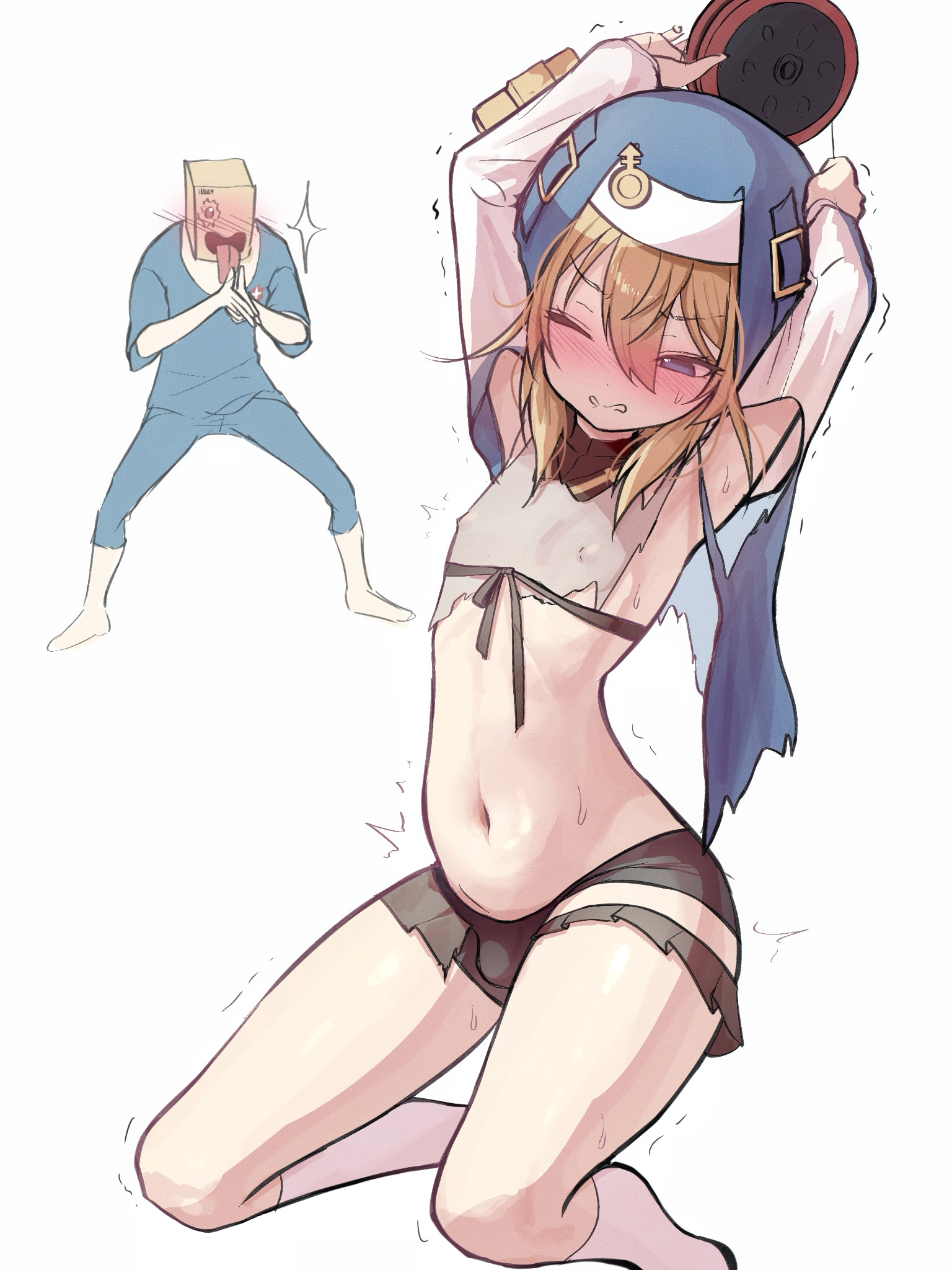 azulasi, bridget (guilty gear), faust (guilty gear), guilty gear, guilty gear strive, commentary request, highres, 2boys, armpits, arms up, aroused, bag, bag over head, barefoot, bike shorts, black skirt, blonde hair, blue eyes, blue pants, blue shirt, blue veil, blush, bulge, capri pants, clenched teeth, covered erect nipples, cross, crossdressing, crossdressing (mtf), detached sleeves, erection, erection under clothes, foot out of frame, grey shirt, hair between eyes, holding, kanchou, kneehighs, kneeling, legs apart, long sleeves, long tongue, male focus, mars symbol, medical scrubs, medium hair, microskirt, multiple boys, navel, no shoes, nose blush, open mouth, own hands together, pants, paper bag, pervert, pleated skirt, red cross, shirt, simple background, skirt, socks, solo focus, sparkle, standing, stomach, sweatdrop, teeth, thighs, three-quarter sleeves, tight clothes, tight shirt, tongue, tongue out, torn bike shorts, torn clothes, torn shirt, torn skirt, torn veil, twitching, v-shaped eyebrows, veil, white background, white sleeves, white socks, wince, yaoi, yo-yo