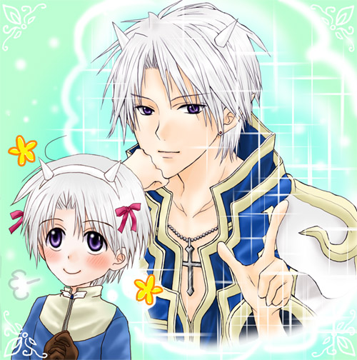 acolyte (ragnarok online), high priest (ragnarok online), ragnarok online, commentary request, 1boy, 2000s (style), blue background, blue coat, blush, bow, brown gloves, closed mouth, coat, cone horns, cross, cross necklace, gloves, hair bow, horns, imagining, index finger raised, jewelry, looking at viewer, makoto108, male focus, necklace, pink bow, pointy ears, purple eyes, short hair, smile, upper body, white hair, white horns