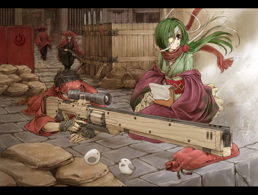 cervus, pixiv fantasia, pixiv fantasia 3, 1girl, akatsuhara empire, bandages, bird, female focus, green hair, gun, letterboxed, lying, on stomach, rifle, sandbag, scarf, sniper rifle, solo, weapon