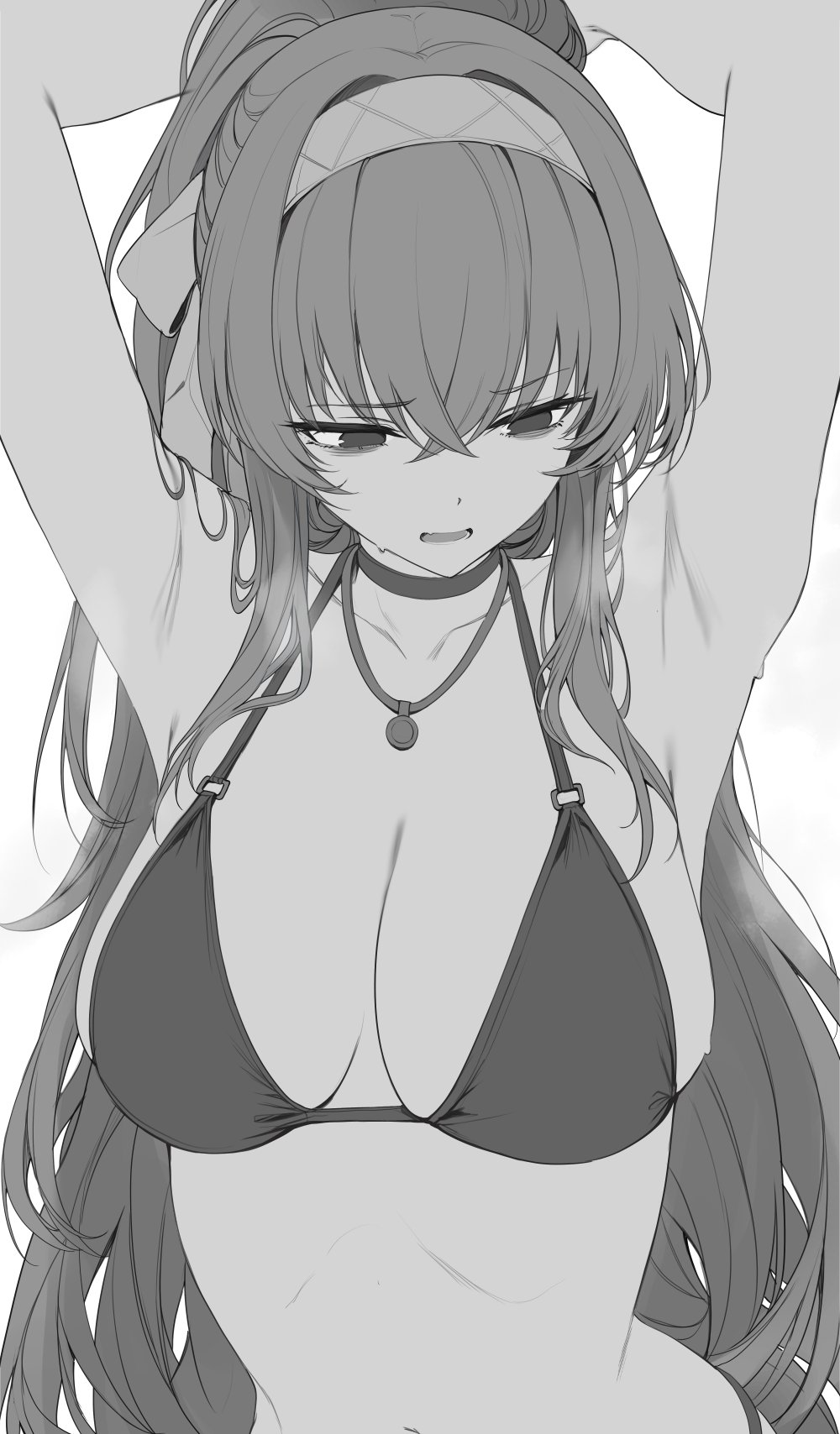 re0n, ui (blue archive), blue archive, highres, 1girl, armpits, arms up, averting eyes, bikini, breasts, collarbone, greyscale, hairband, jewelry, large breasts, long hair, monochrome, navel, necklace, simple background, solo, sweatdrop, swimsuit, upper body, white background