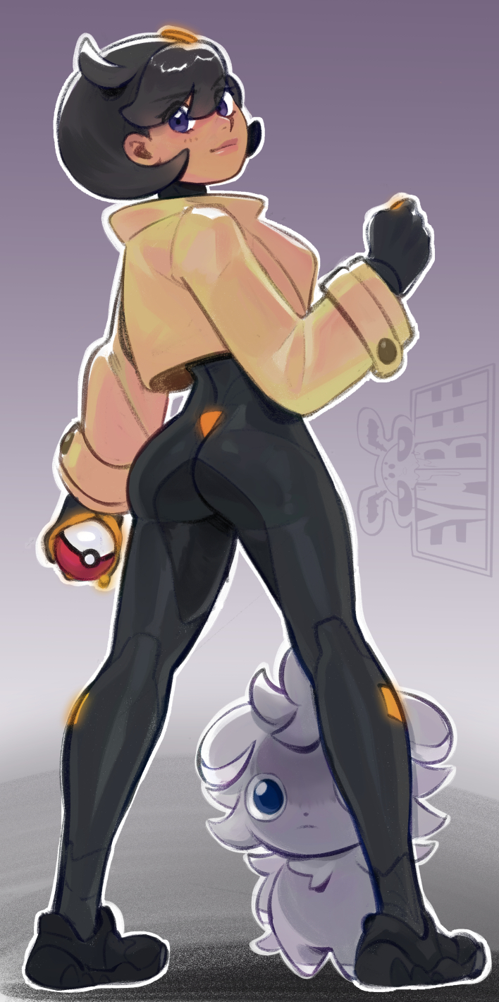 eymbee, emma (pokemon), espurr, nintendo, pokemon, pokemon legends: z-a, commentary, english commentary, highres, 1girl, ahoge, arm at side, artist logo, artist name, ass, black bodysuit, black hair, blush, bob cut, bodysuit, brown jacket, cropped jacket, dark-skinned female, dark skin, expressionless, facing away, full body, gen 6 pokemon, gradient background, grey background, hair ornament, hand up, holding, holding poke ball, jacket, light blush, lips, logo, long sleeves, looking at viewer, looking back, outline, pink lips, poke ball, purple eyes, shadow, short hair, solo, spread legs, standing, swept bangs, white outline