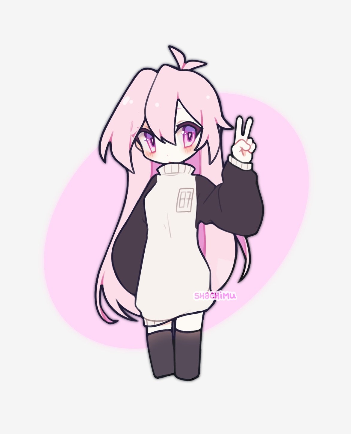 shachi (shachimu), mumble (shachimu), original, highres, 1girl, antenna hair, baggy clothes, long hair, long sleeves, pink eyes, pink hair, simple background, solo, sweater, turtleneck, turtleneck sweater, two-tone sweater, v