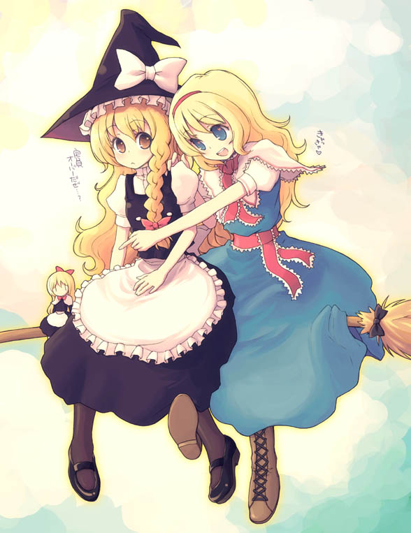 kimarin, alice margatroid, kirisame marisa, shanghai doll, touhou, 2girls, alternate hairstyle, blonde hair, blue eyes, broom, broom riding, doll, female focus, hat, long hair, multiple girls, multiple riders, pantyhose, sidesaddle, witch, witch hat, yellow eyes