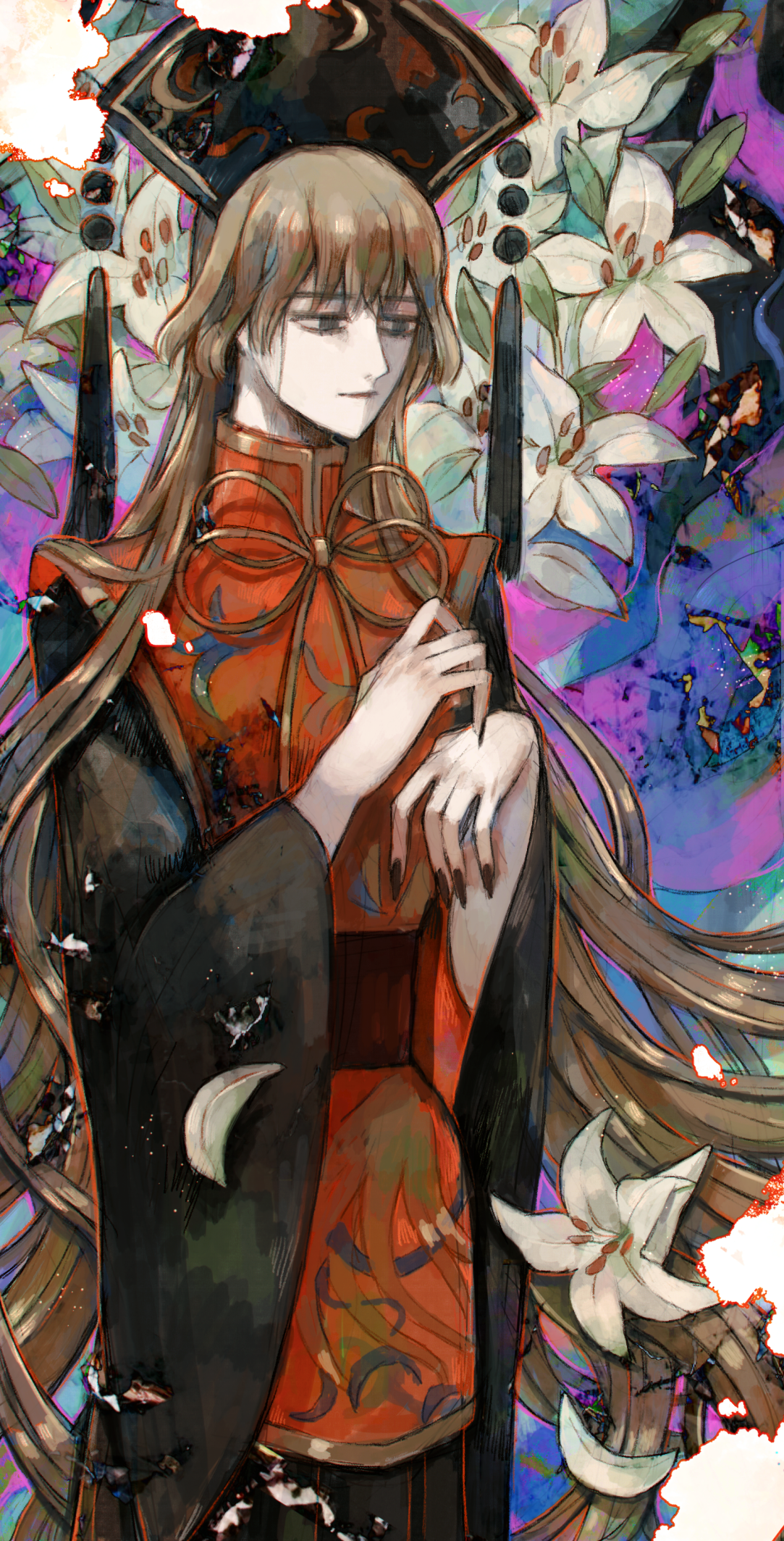 sosei, junko (touhou), touhou, highres, 1girl, black nails, blonde hair, flower, lily (flower), long hair, looking to the side, solo, very long hair, white flower, wide sleeves