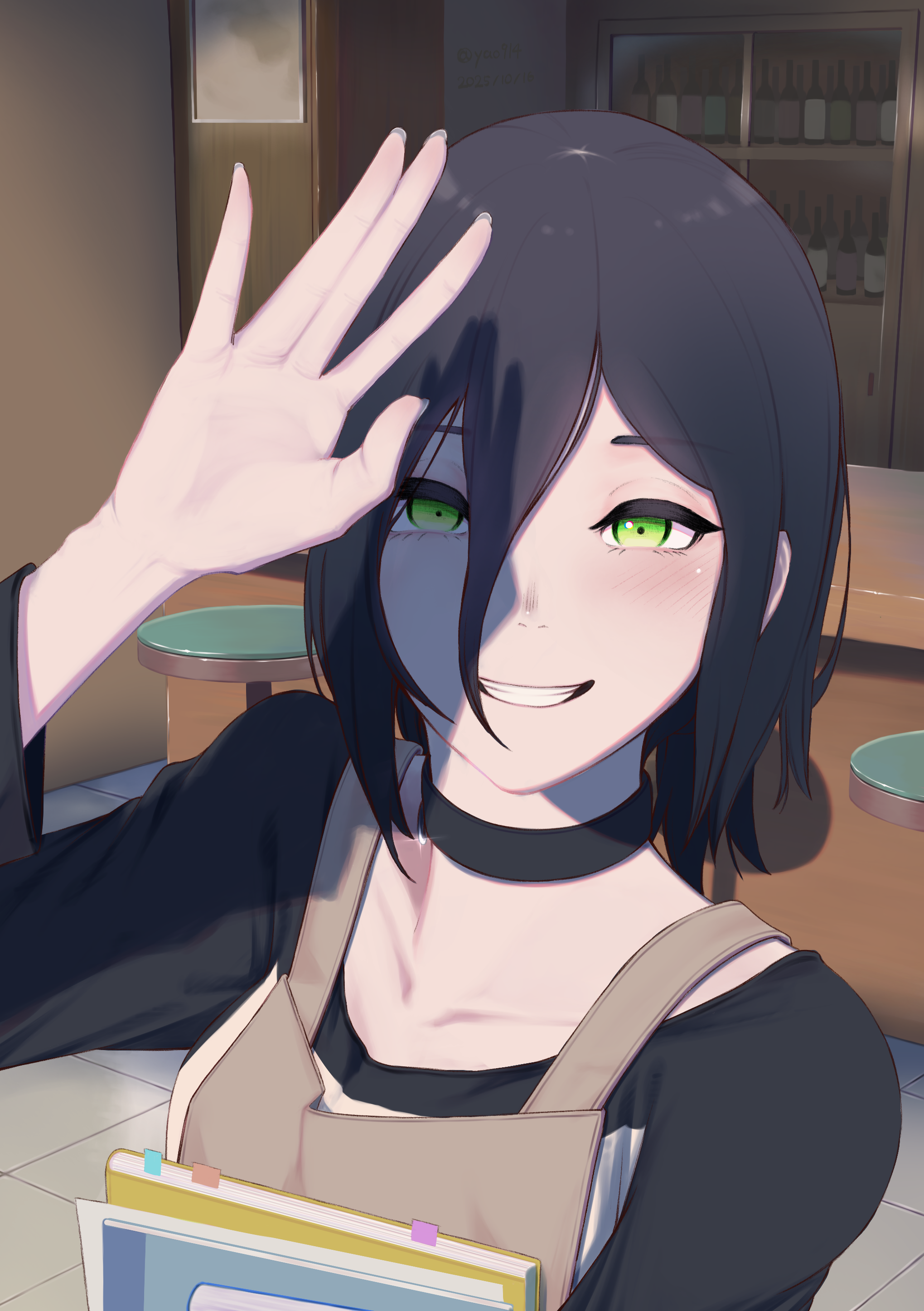 reze (chainsaw man), chainsaw man, absurdres, commentary request, highres, 1girl, apron, bar stool, black choker, black hair, black shirt, cafe, choker, counter, green eyes, grey apron, grin, hair between eyes, hand up, holding, holding notebook, indoors, looking at viewer, notebook, shirt, smile, solo, stool, teeth, two-tone shirt, white shirt, yao914