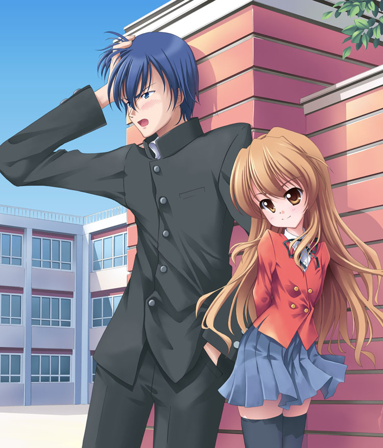 leshade entis, aisaka taiga, takasu ryuuji, toradora!, 00s, blue eyes, blue hair, brown eyes, brown hair, long hair, school uniform, short hair, thighhighs
