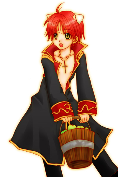 priest (ragnarok online), ragnarok online, commentary request, 1boy, ahoge, animal ears, black coat, black pants, bucket, coat, cowboy shot, cross, cross necklace, dog boy, dog ears, gold trim, holding, holding bucket, jewelry, long sleeves, looking afar, makoto108, male focus, multicolored coat, necklace, open mouth, pants, red coat, red hair, short hair, simple background, solo, two-tone coat, white background, wooden bucket, yellow eyes