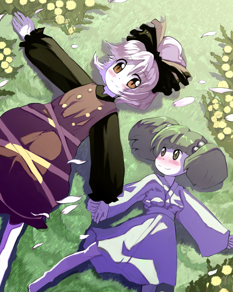 shape, syope, kisume, kurodani yamame, touhou, 2girls, barefoot, blonde hair, blush, bow, female focus, grass, green hair, hair bobbles, hair bow, hair ornament, holding hands, japanese clothes, lying, multiple girls, petals, twintails