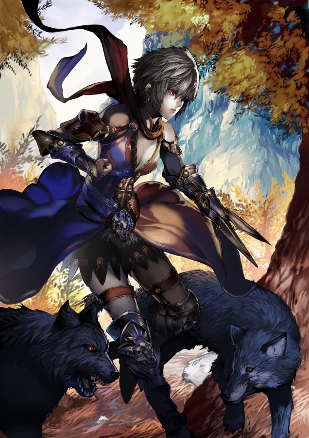 eel (artist), original, bad id, bad pixiv id, 1girl, armor, gauntlets, greaves, grey hair, red eyes, running, scarf, short hair, tree, wolf