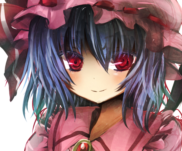 hinase haruka, remilia scarlet, touhou, bad id, bad pixiv id, 1girl, blue hair, female focus, hat, red eyes, simple background, smile, solo, upper body, white background
