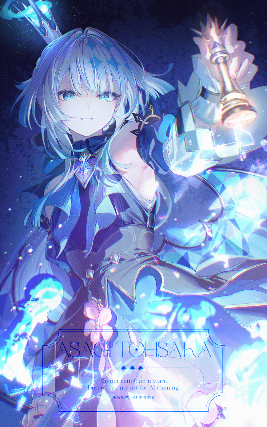 toosaka asagi, cerydra (honkai: star rail), honkai: star rail, honkai (series), commentary, duplicate, highres, 1girl, blue eyes, bright pupils, chess piece, crown, detached sleeves, dress, fire, hand up, holding, holding chess piece, jewelry, long hair, long sleeves, looking at viewer, mini crown, parted lips, ring, smile, solo, white hair, white pupils