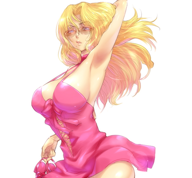 hairu, matsumoto rangiku, bleach, 00s, 1girl, alternate costume, arm up, armpits, blonde hair, breasts, dress, female focus, holding, large breasts, lips, long hair, mole, mole under mouth, pink dress, pink skirt, simple background, skirt, solo, standing, sunglasses, white background