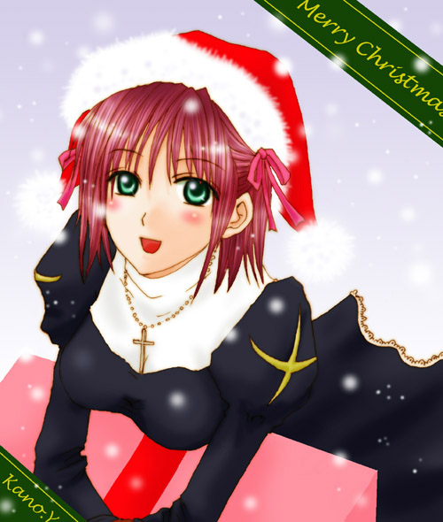 priest (ragnarok online), ragnarok online, commentary request, 1girl, 2000s (style), black dress, blush, box, breasts, christmas, dress, fur-trimmed headwear, fur trim, gift, gift box, green eyes, hat, juliet sleeves, leaning forward, long sleeves, looking at viewer, makoto108, medium breasts, merry christmas, open mouth, pink hair, puffy sleeves, red hat, santa hat, short hair, snowing, solo, upper body