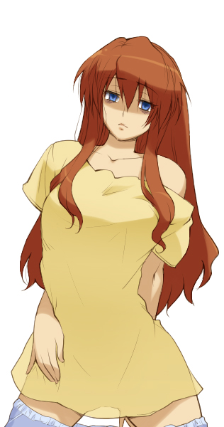 hairu, souryuu asuka langley, neon genesis evangelion, 1girl, bare shoulders, blue eyes, collarbone, female focus, long hair, loose clothes, loose shirt, off shoulder, orange hair, see-through silhouette, shirt, silhouette, solo, t-shirt, thighhighs, undressing