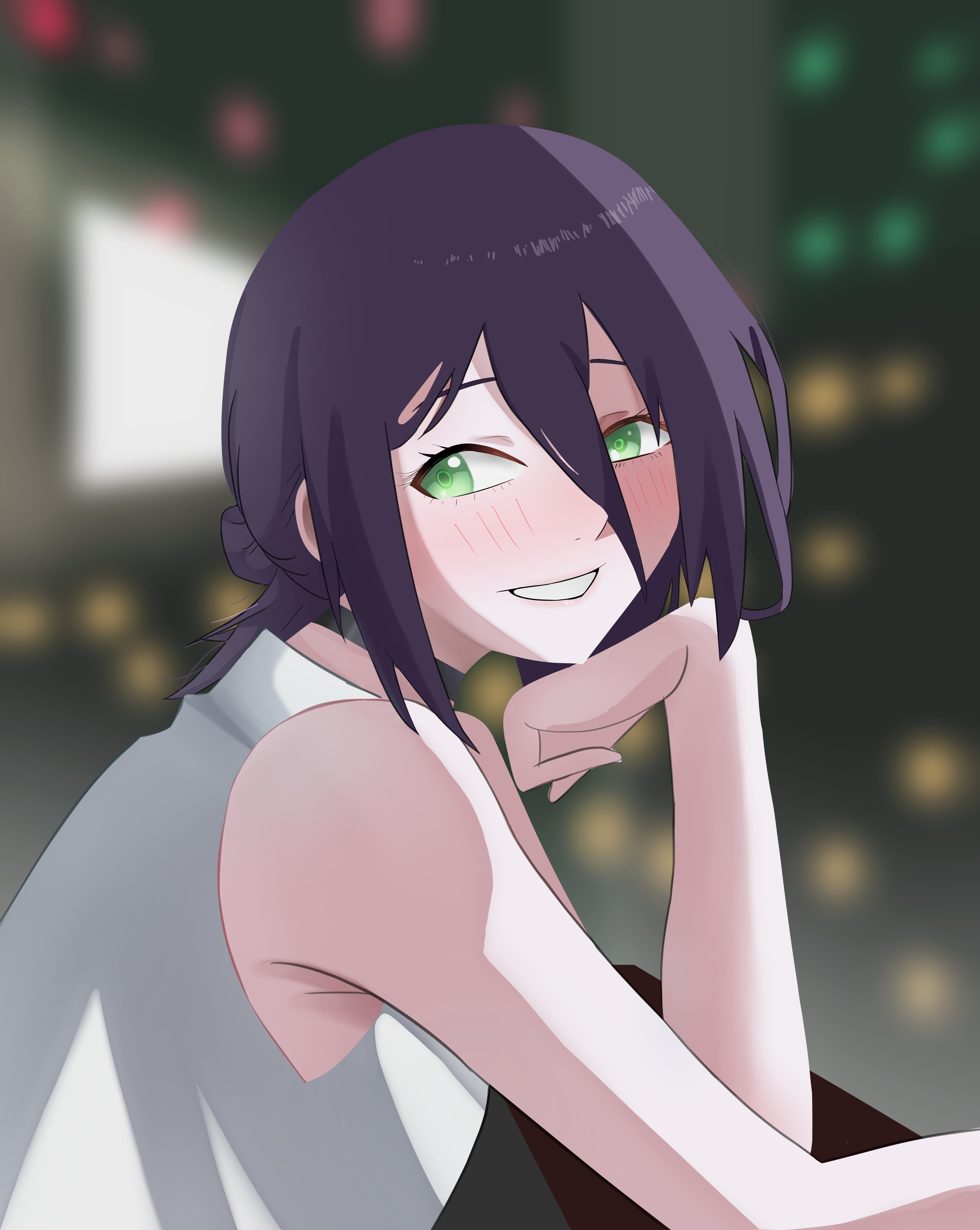reze (chainsaw man), chainsaw man, absurdres, highres, 1girl, armpit crease, black choker, choker, green eyes, grin, hair between eyes, hair bun, hand on own chin, lazzyman, purple hair, shirt, sleeveless, sleeveless shirt, smile, solo, teeth, white shirt