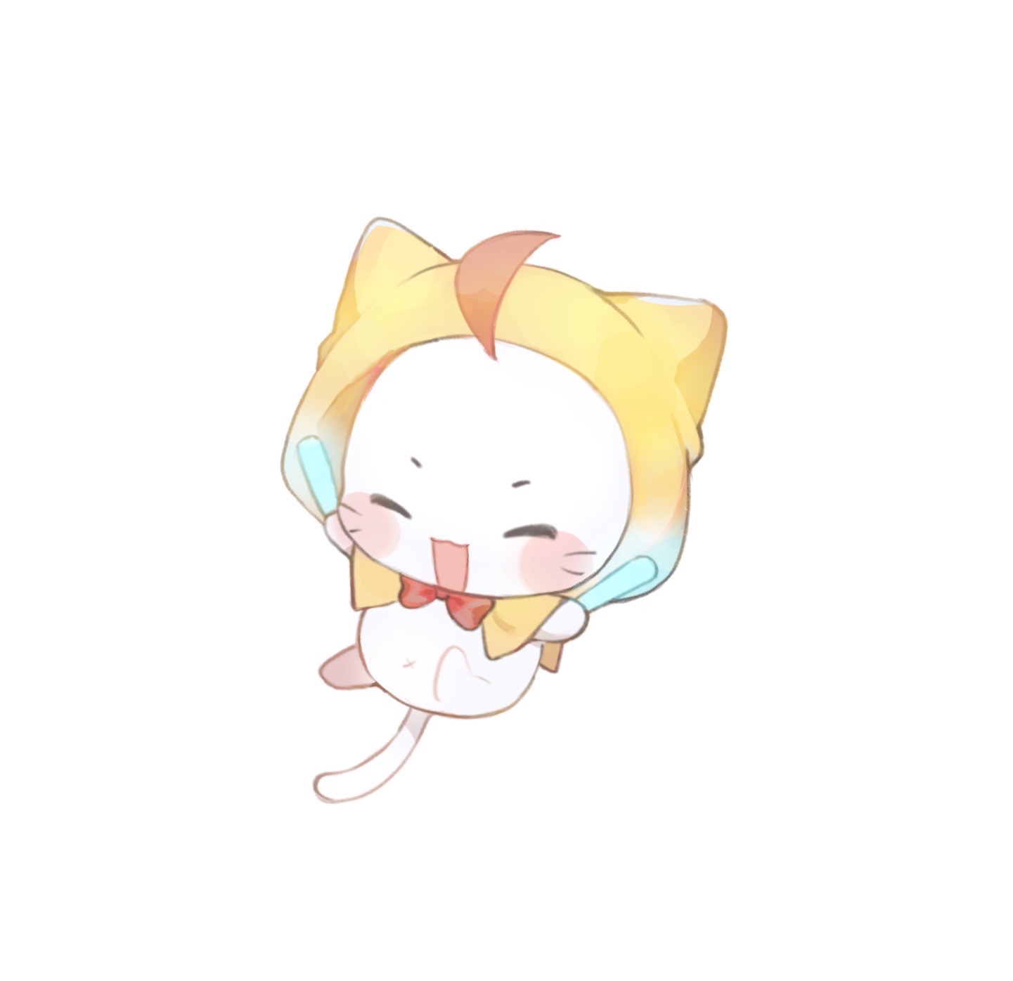 baonu de zhanshen caibutou, momo (nikki), infinity nikki, nikki (series), chinese commentary, commentary request, highres, variant set, ^ ^, ahoge, animal focus, blush stickers, bow, bowtie, cloak, closed eyes, ear covers, floating, glowstick, happy, holding, holding glowstick, hood, hood up, hooded cloak, navel, no humans, open mouth, penlight (glowstick), red bow, red bowtie, simple background, smile, solo, traditional bowtie, whiskers, white background, yellow cloak