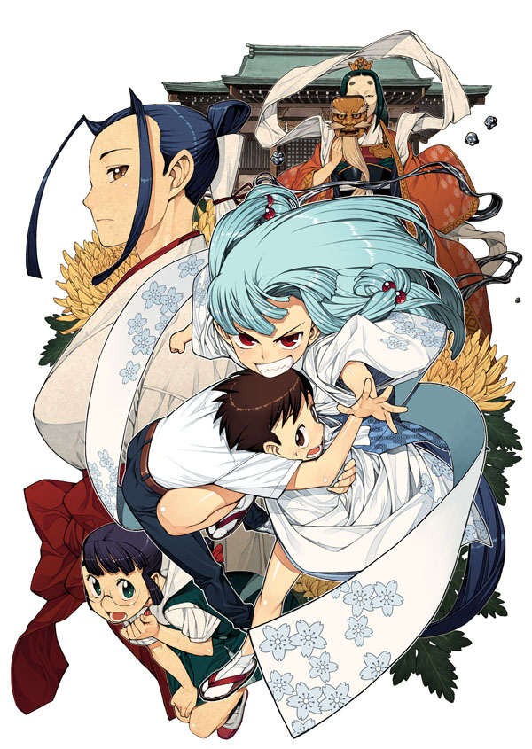 hamada yoshikazu, chikaishi chisato, kagami kazuya, kiriha (tsugumomo), kokuyou (tsugumomo), kukuri (tsugumomo), tsugumomo, source request, 1boy, 4girls, blue hair, brown eyes, brown hair, glasses, green eyes, japanese clothes, mask, multiple girls, red eyes, simple background, white background