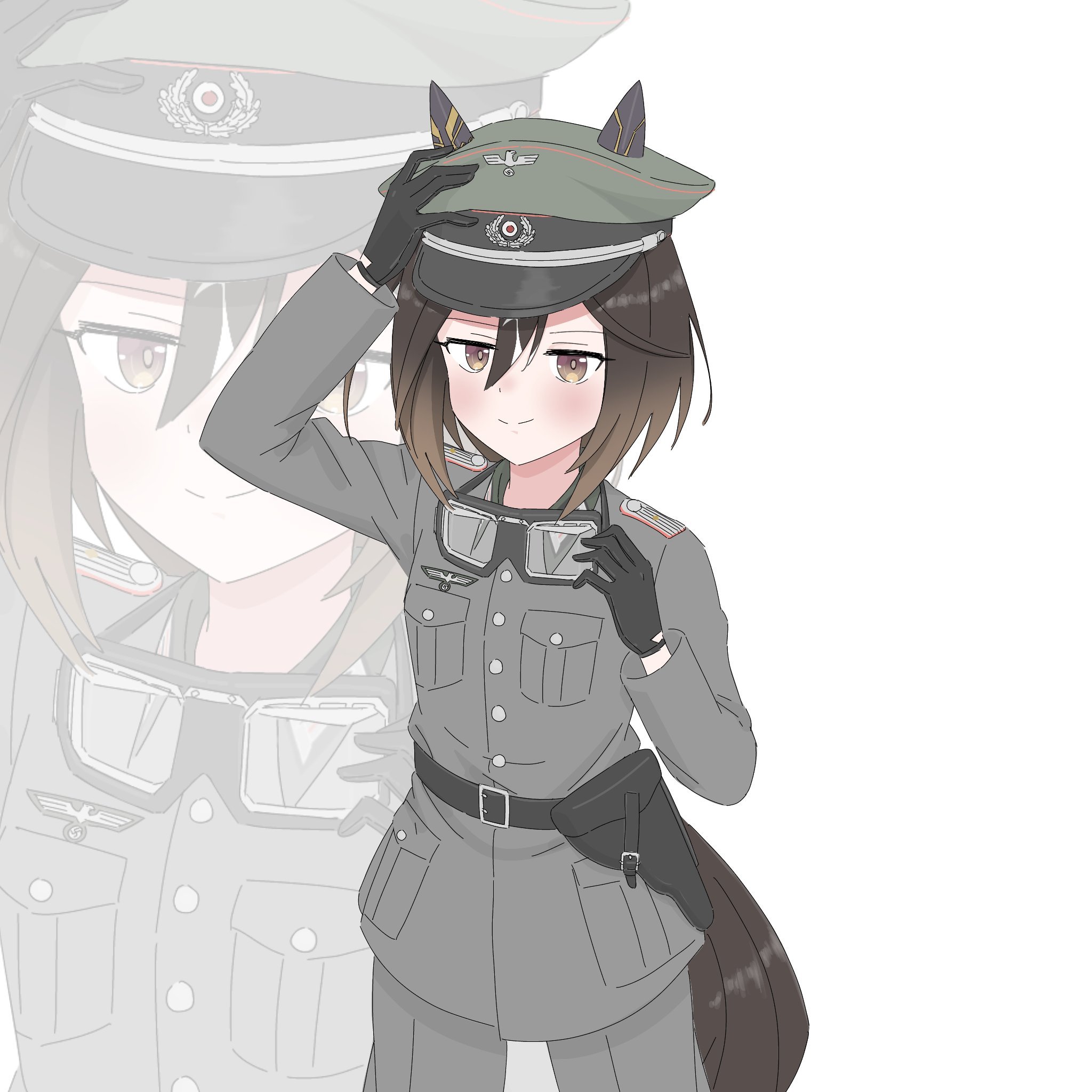black cat03, stay gold (umamusume), umamusume, highres, 1girl, animal ears, brown eyes, cowboy shot, ear covers, ears through headwear, goggles, goggles around neck, hair between eyes, hand on headwear, hat, holster, horse ears, horse girl, horse tail, looking at viewer, military uniform, multicolored hair, nazi, reichsadler, simple background, smile, smirk, solo, standing, tail, white background