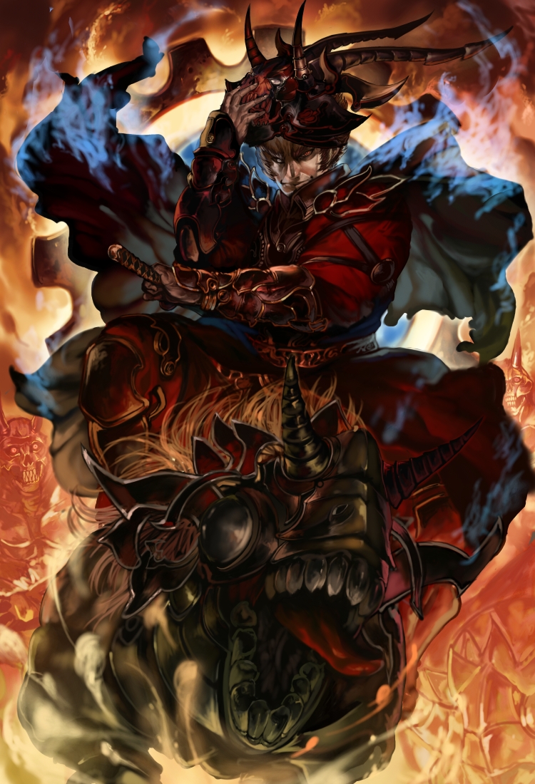 eel (artist), pixiv fantasia, pixiv fantasia 3, bad id, bad pixiv id, 1boy, akatsuhara empire, armor, brown hair, cape, full body, gauntlets, male focus, solo, sword, weapon